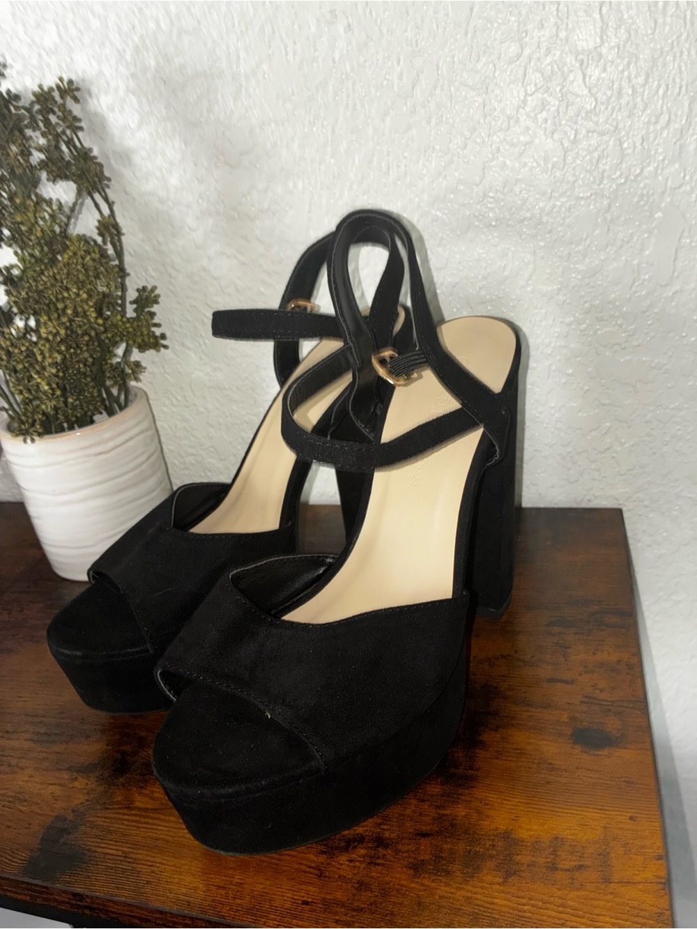 Black Suede-Look Platform Block Heels with Cross Strap
